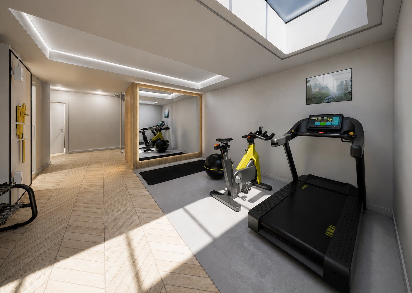 Pièce de service de la villa B aménagée en salle de sport, éclairée par un puits de lumière