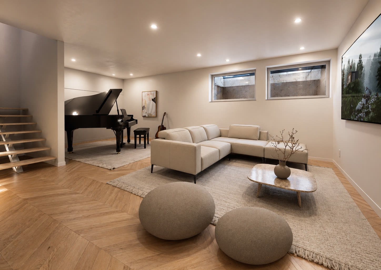 Pièce de service de la villa C avec piano à queue, coin lecture et télévision